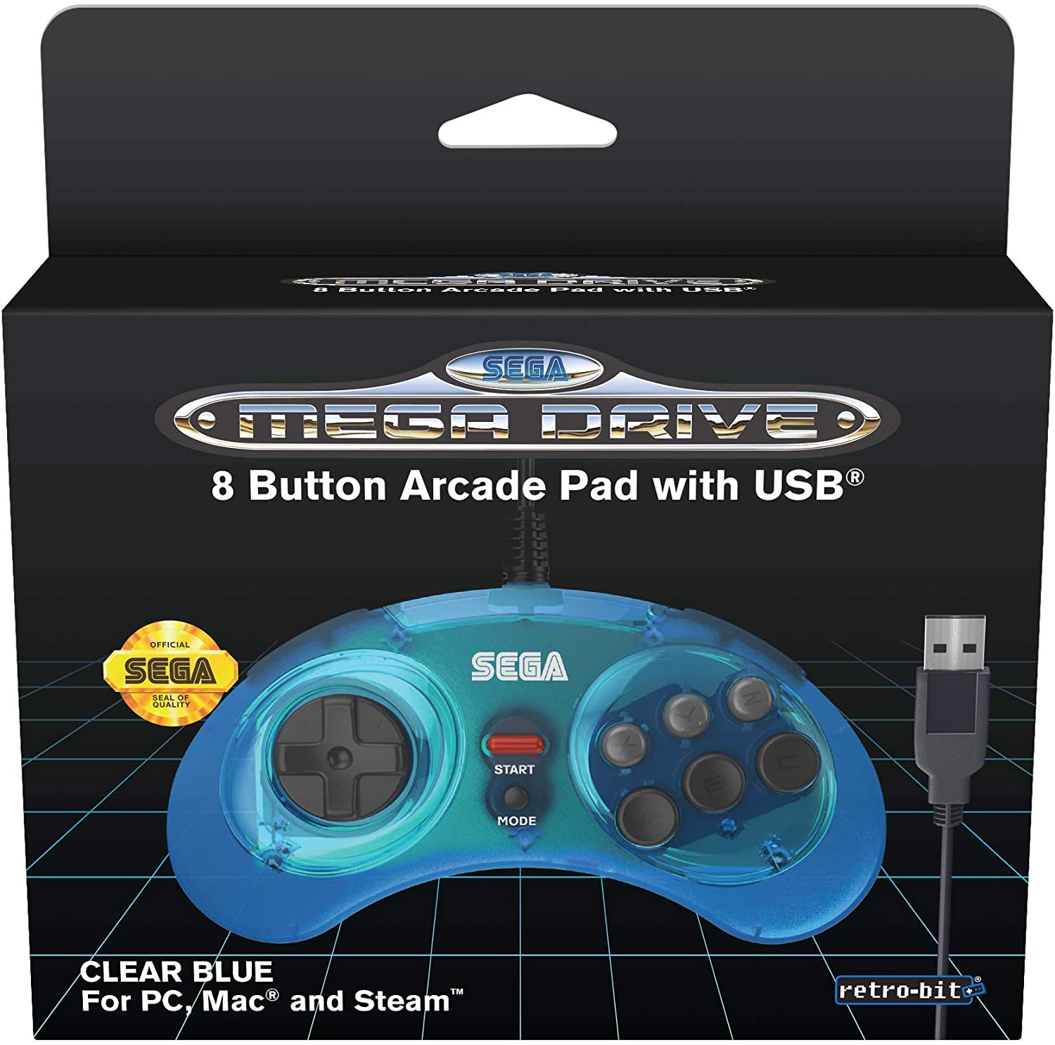 Retro-Bit Sega Mega Drive 8-button USB controller clear blue Gamesellers.nl