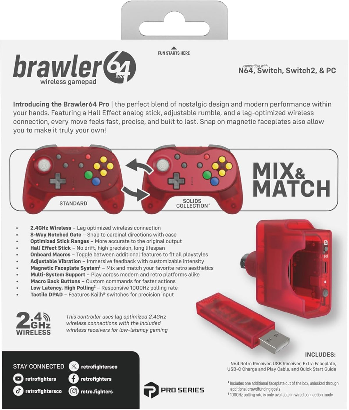 Retro Fighters Brawler64 Pro 2.4G wireless controller Watermelon Red
