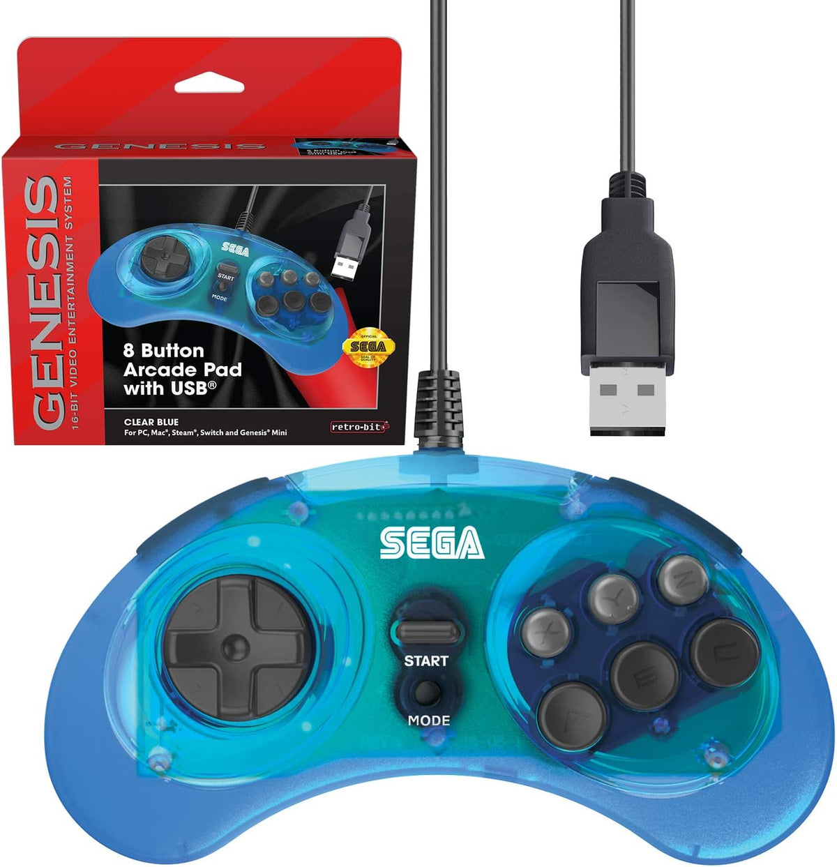 Retro - Bit Sega Mega Drive 8 - button USB controller clear blue - Gamesellers.nl