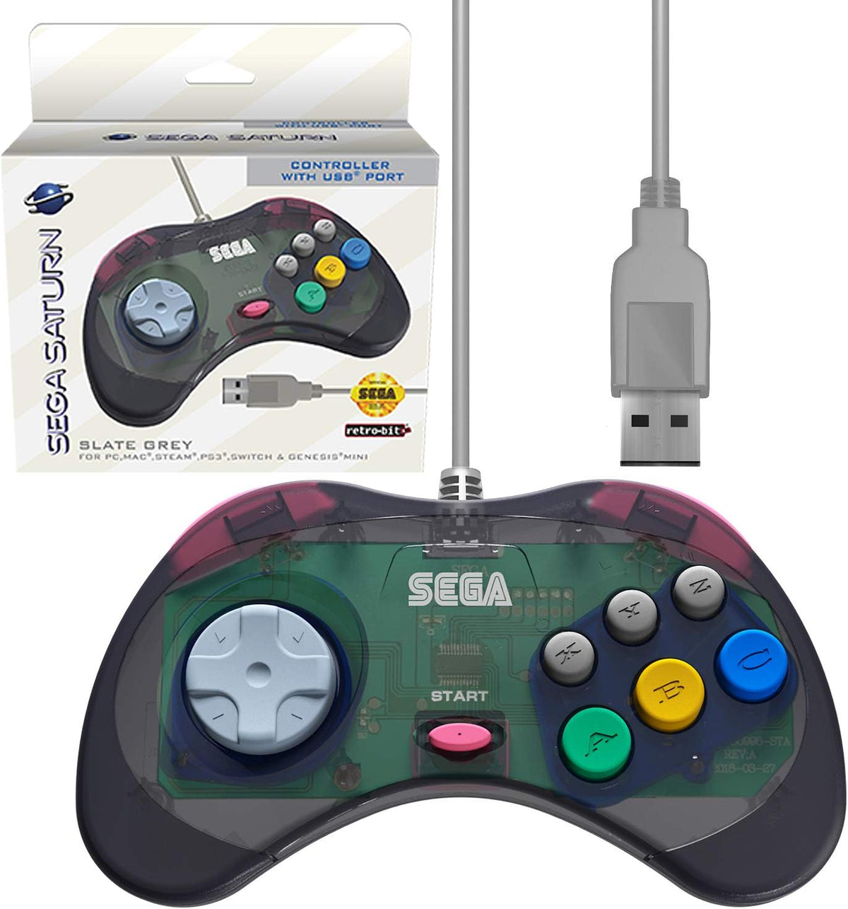 Retro - Bit Sega Saturn USB controller Slate Gray (model 2) - Gamesellers.nl